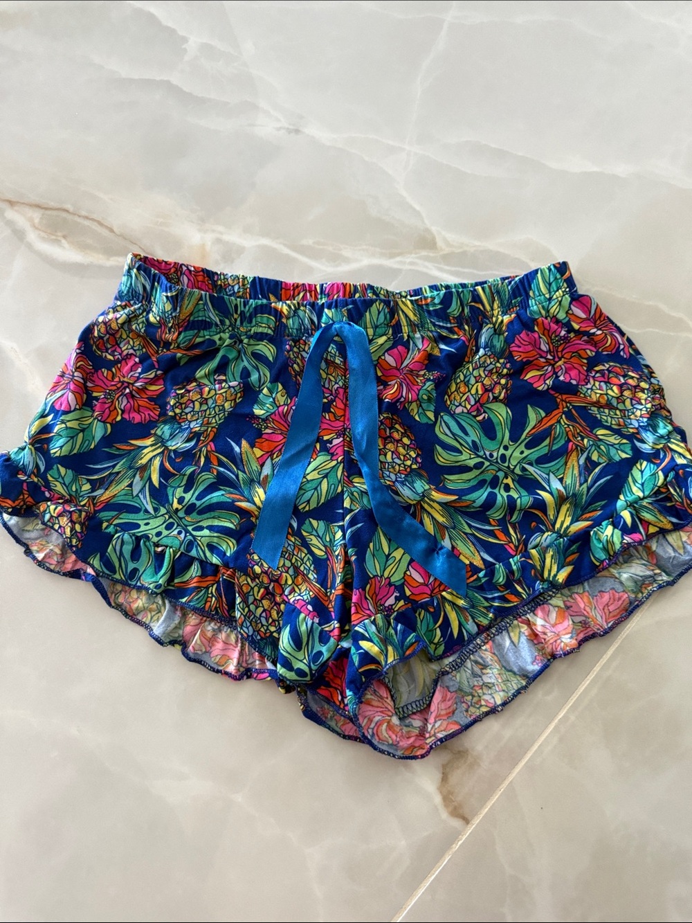 Tropical Pineapple Print Satin Pajama Shorts - Blue